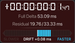 Delta and Drift panel before enabling HFR: offset +00:00:00:01.47, Full Delta 53.09 ms, Residual 19.76 of 33.33 ms