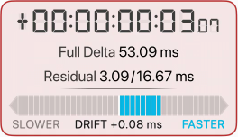 The same panel right after enabling HFR: offset +00:00:00:03.07, Full Delta still 53.09 ms, Residual 3.09 of 16.67 ms