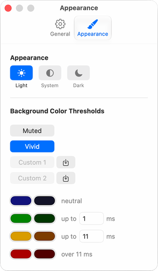 Appearance settings: light, system or dark theme and the colour thresholds for the offset tiles