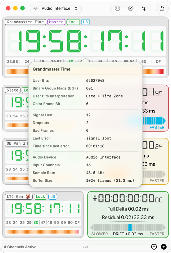 Main window with the signal popover open: user bits, binary group flags, dropout and error counters, audio device and buffer size